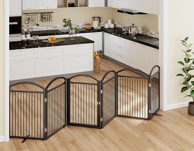 Folding No-Assembly Freestanding Dog Gate with Door,32" Heights Foldable Pet Fence,144" Extra Wide Accordion Puppy Folding Playpen for Doorways,House,Stairs (6 Panels,Black)