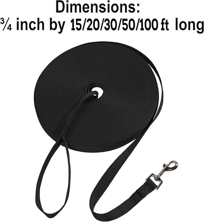 Hi Kiss Dog/Puppy Obedience Recall Training Agility Lead - 15ft 20ft 30ft 50ft 100ft Leash - Great for Play, Camping, or Backyard - Black