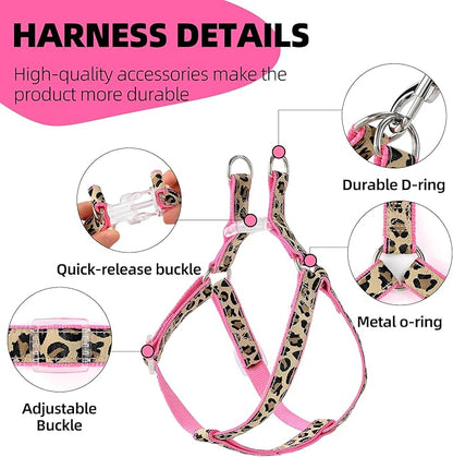 Mile High Life Leopard Dog Harness Collar Leash Set, Adjustable No Pull Dog Halter Harness for Small Breed Dogs, Easy Control for Training Walking (Pink, S Chest 11"-18", Neck 10"-14")