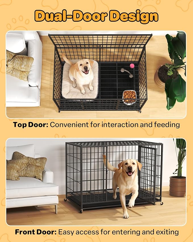 HIWOKK 48 Inch Large Dog Crate, Escape Proof Dog Cage with Dual Door Lock and Swivel Casters,Removable Tray for Easy Cleaning, Dog Kennel Indoor Outdoor Use