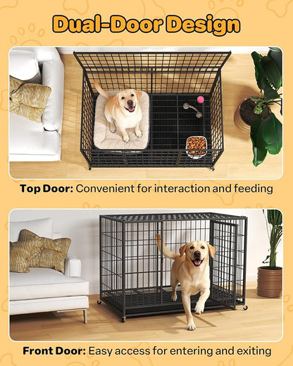 HIWOKK 48 Inch Large Dog Crate, Escape Proof Dog Cage with Dual Door Lock and Swivel Casters,Removable Tray for Easy Cleaning, Dog Kennel Indoor Outdoor Use