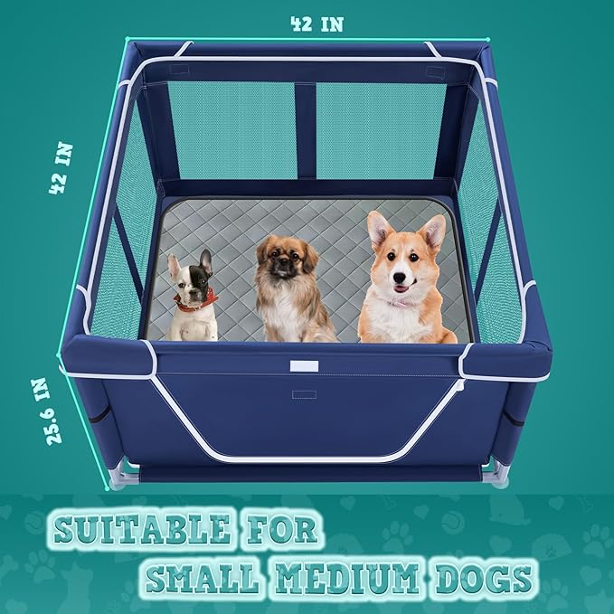XVISHX 42x42 Inches Puppy Playpen with Dog Pads, Dog Playpen for Puppies or Small Dogs, Pet Playpen for Indoor & Outdoor, Sturdy Safety DogPen with Thickened Fabric, High-Strength Nylon Wire Mesh