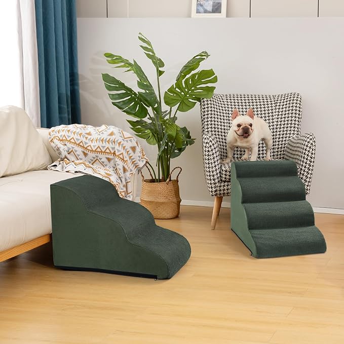 Aodisman Dog Steps for Bed, 4-Step Dog Stairs Ramp for Small Dogs and Cats, Indoor Non-Slip Pet Stairs Suitable for Older, Short-Legged, and Puppy Dogs to Climb Onto High Beds and Couch, 17.4" H,Green