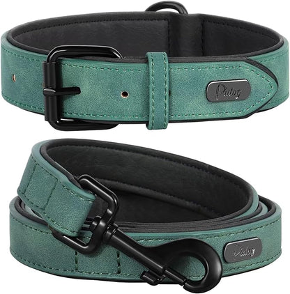 Didog Soft Padded Leather Dog Collar and Leash Set, Adjustable Dog Lead and Collar Set with Metal Buckle, Breathable Pet Collars with 4FT PU Leather Leash for Large Dogs, Green, XL