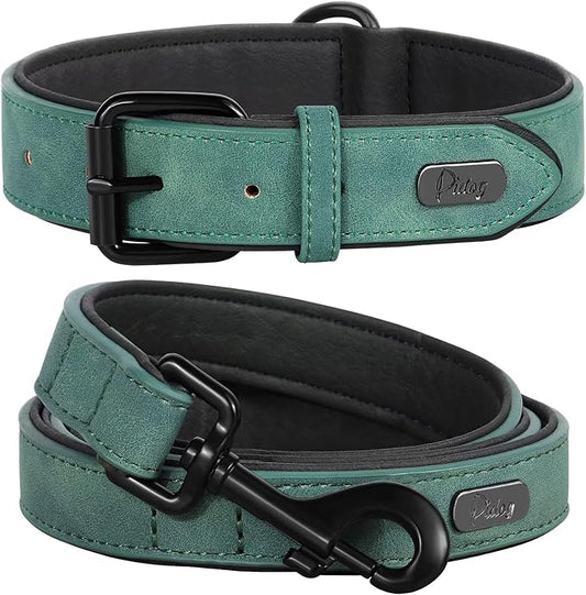 Didog Soft Padded Leather Dog Collar and Leash Set, Adjustable Dog Lead and Collar Set with Metal Buckle, Breathable Pet Collars with 4FT PU Leather Leash for Large Dogs, Green, XL
