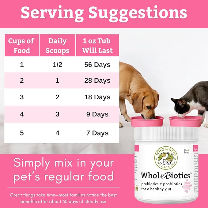Wholistic Pet Organics WholeBiotics - Daily Dog Probiotics for Digestive Health Support & Immune Boost - 9 Strains - Prebiotics & Probiotics for Dogs & Cats - Gut Health for Dogs - 1 Oz - 28 Scoops