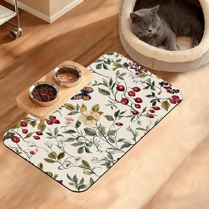 Butterfly Flower Dog Food Mat,Vintage Berry Absorbent Pet Feeding Mat for Food and Water Bowl,Quick Dry Dog Placemat Non Slip Rubber Backing Waterproof Pet Supplies 12" x 20"