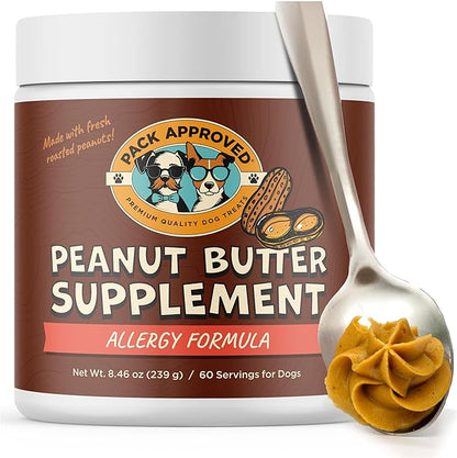 Pack Approved Dog Peanut Butter - Aids Dog Itching Skin Relief & Allergy Support with Colostrum - Contains Probiotics for Dogs Allergies and Itchy Skin - Allergy (239g)