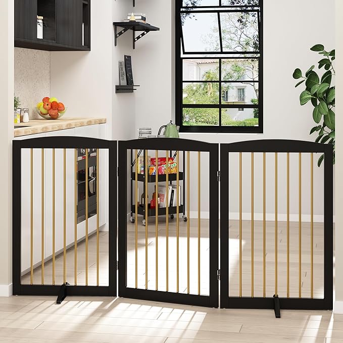 PUPETPO Freestanding Pet Gate for Dogs, Foldable Wooden Dog Gate for House Indoor, Step Over Pet Puppy Safety Fence for Stair, Doorway,Hall, Support Feet Included,3 Panels 32",Black&Gold