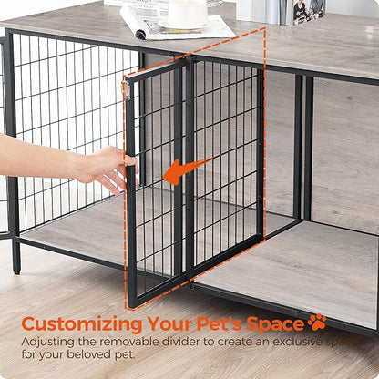MAHANCRIS Dog Crate Furniture for 2 Dogs, 43.3" Dog Kennel with Removable Divider, Heavy Sturdy Dog Furniture Style Double Cage for Small Medium Dog, Indoor Pet House End Table, Greige DCHG1201