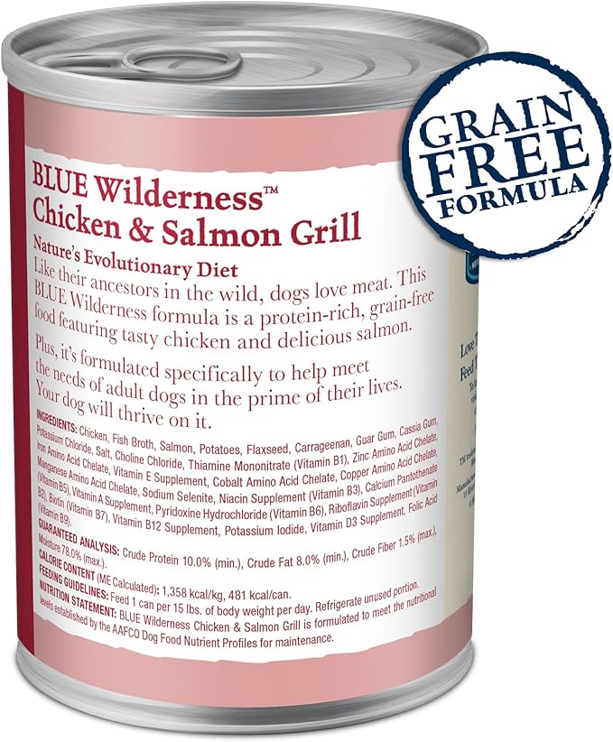 Blue Buffalo Wilderness Adult Wet Dog Food,High-Protein & Grain-Free,Made with Natural Ingredients,Salmon & Chicken Grill,12.5-oz. Cans,(Pack of 24)