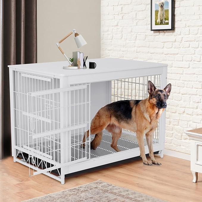 TLSUNNY Dog Crate Furniture, 44.1" Wooden Side End Table, Modern Dog Kennel with Double Doors, Heavy-Duty Dog Cage w/Pull-Out Removable Tray, Indoor Medium/Large/Small Pet House Furniture, White