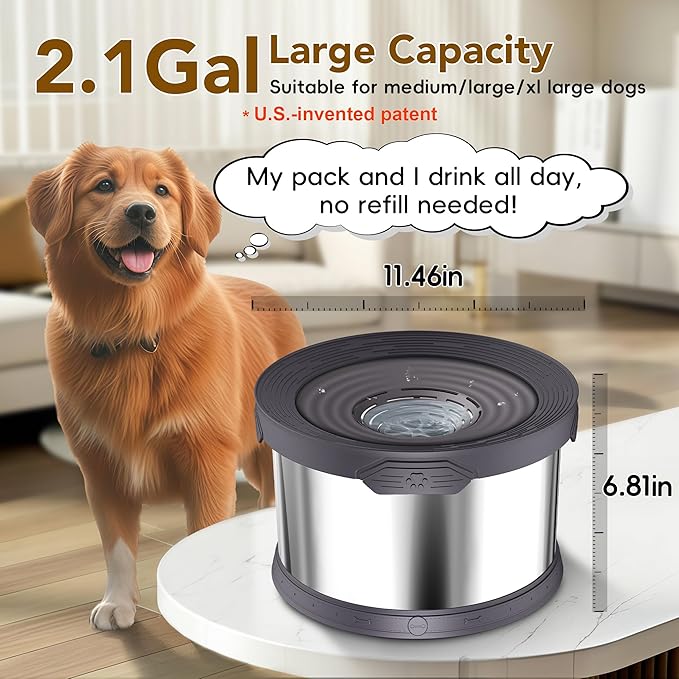UPSKY Dog Water Bowl No Spill 8L Stainless Steel, 2.1 Gallon Large Capacity Spill-Proof Dog Bowls, Non-Slip Slow Drinking Anti-Splash Bowl for Large Messy Drinkers, No Mess Indoor/Outdoor Use, Gray