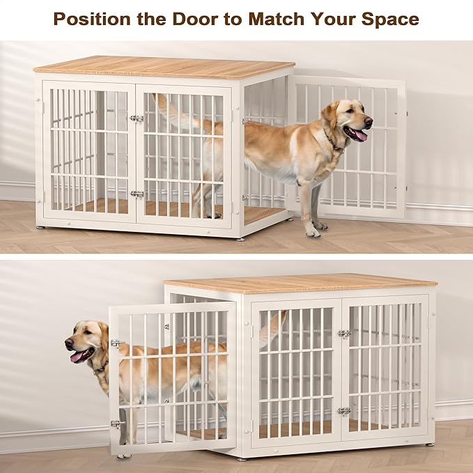 rehomerance 42 Inch Heavy Duty Dog Crate Furniture for Large and Medium Dogs, Decorative Pet House End Table, Wooden Cage Kennel Furniture Indoor, Natural and White