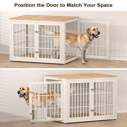 rehomerance 42 Inch Heavy Duty Dog Crate Furniture for Large and Medium Dogs, Decorative Pet House End Table, Wooden Cage Kennel Furniture Indoor, Natural and White