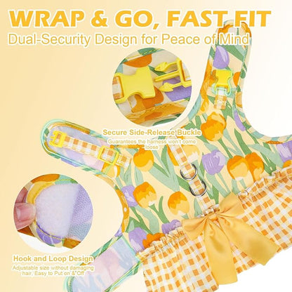 EXPAWLORER Dog Harness Small Medium Sized Dogs, Tulip Dog Dress Bowknot Harness and Leash Set, No Choke No Pull Soft Mesh Vest Cute Princess Puppy Outfits Clothes Costume for Girls Party Cats Yellow S