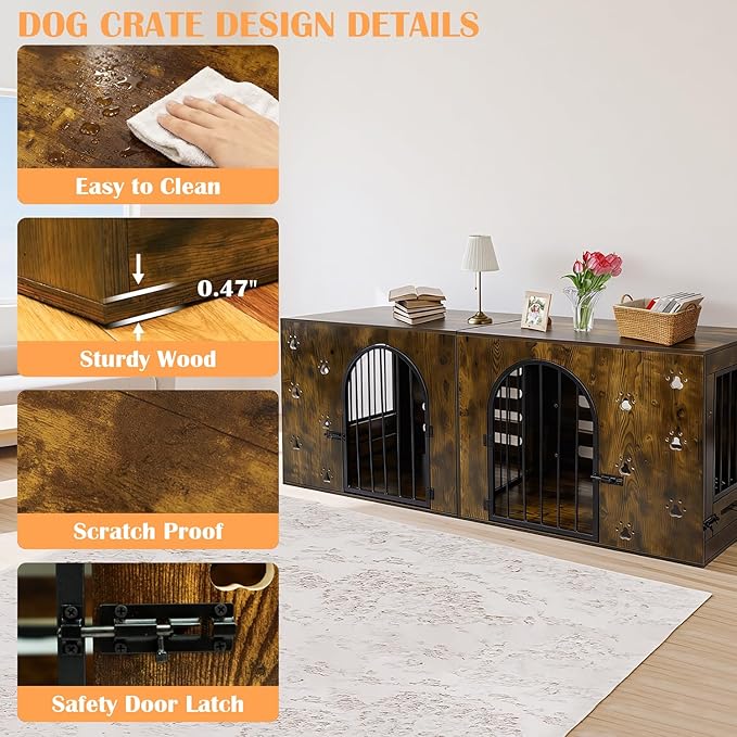 63" Dog Crate Furniture for 1 or 2 Dogs, Heavy Duty Single/Double Dog Kennel with Bowls, Farmhouse Wood Metal Dog Cage for Small/Medium/Large Dogs, Brown