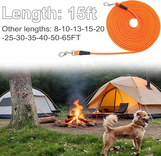 15FT Tie Out Rope Dog Lead, 20ft 30ft 50ft 65ft Long Dog Tether Nylon Check Cord for Medium Large Dogs Outdoor Camping Backyard of Leash Training Tie Down (Orange, 3/8")