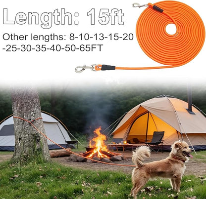 15FT Tie Out Rope Dog Lead, 20ft 30ft 50ft 65ft Long Dog Tether Nylon Check Cord for Medium Large Dogs Outdoor Camping Backyard of Leash Training Tie Down (Orange, 3/8")