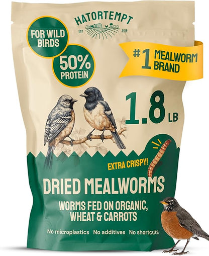 Hatortempt 1.8lb Dried Mealworms for Wild Birds - 50% Protein Meal Worms for Wild Birds - Attracts Bluebirds, Starlings, Wrens, Woodpeckers, Cardinals and Robins