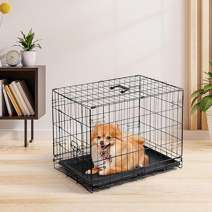 Dog Crate - 30 Inch Single Door Portable Puppy Dog Cage, Metal Wire Pet Kennel with Secure Lock, Leak-Proof Pan Tray, Foldable Design for Dogs Pets Indoor Training and Outdoor Trave