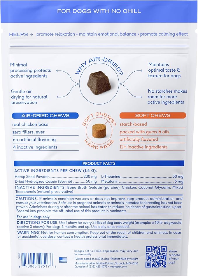 Native Pet Calming Chews for Dogs Large Breed - Promotes Calming Effect, Supports Emotional Balance & Reduces Hyperactivity - Hemp Seed, Melatonin for Dogs, L-Theanine & Casein - 30 Days Supply