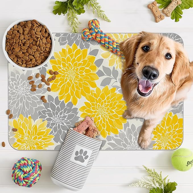 Dahlia Dog Cat Food Mat,Gray Yellow Flower Absorbent Pet Feeding Mat with Rubber Backing,Non-Slip Water Bowl Placemat,Indoor Pet Accessories Supplies 16"x24"