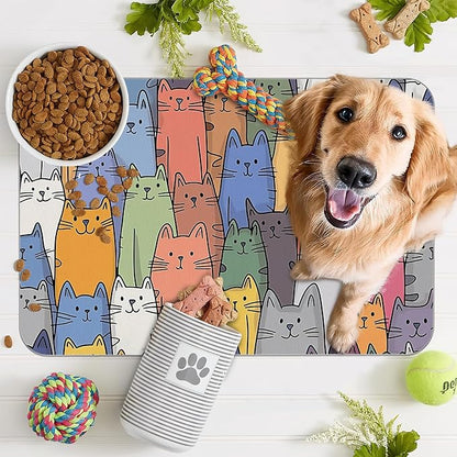 Funny Cats Family Dog Cat Food Mat,Absorbent Pet Feeding Mat for Food and Water,Non-Slip Dog Bowl Mats Floor Protector 12"x20"