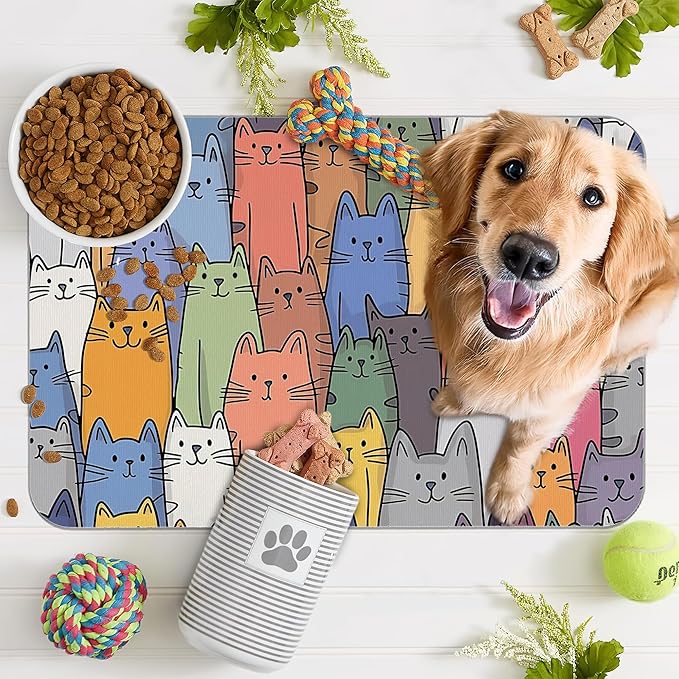 Funny Cats Family Dog Cat Food Mat,Absorbent Pet Feeding Mat for Food and Water,Non-Slip Dog Bowl Mats Floor Protector 16"x24"