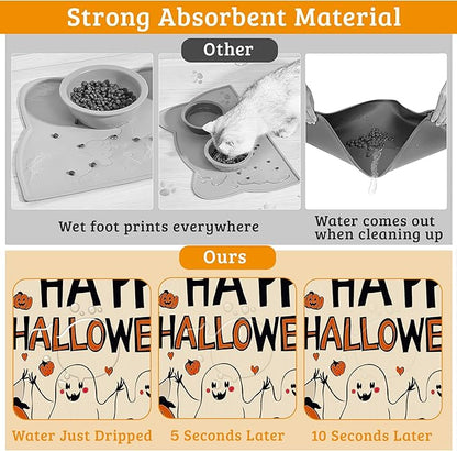 Pumpking Bat Dog Cat Food Mat,Halloween Absorbent Waterproof Placemat for Food and Water Non Slip Rubber Backing Durable Feeding Pad for Clean Floors 12" x 20"