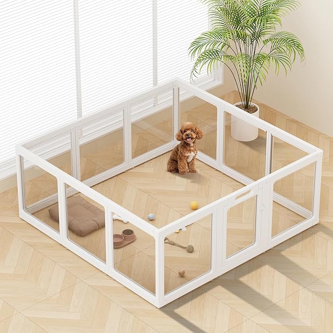 Clear Acrylic Dog Playpen Indoor, Puppy Cat Small Pet Play Pen, Pet Cat Playpen for Rabbits, Dog Fence Crate Kennel Whelping Cage (White, 12 Panel)