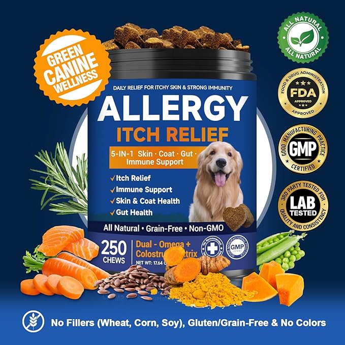 Dog Allergy Chews,is Omega 3 Human,Anti Itch Relief for Dogs Itching Skin Relief and Aller Immune Pet Multivitamin Allergy Chews Coat Licking Supplement Pills Meds Treats 250 Bites for Dogs