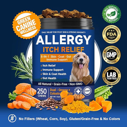 Dog Allergy Chews,is Omega 3 Human,Anti Itch Relief for Dogs Itching Skin Relief and Aller Immune Pet Multivitamin Allergy Chews Coat Licking Supplement Pills Meds Treats 250 Bites for Dogs