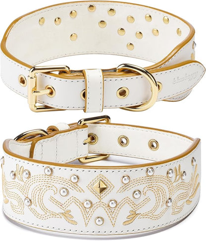 Blueberry Pet Western Genuine Leather Dog Collar for Medium Breeds, Pearl White - Floral Embroidery, Pearl Studs, Adjustable 15-18 Inch Neck, Dog Collars for Medium Dogs