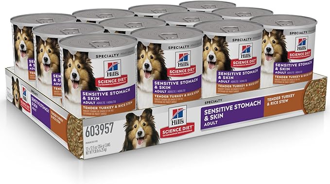 Hill's Science Diet Sensitive Stomach & Skin,Adult 1-6,Stomach & Skin Sensitivity Support,Wet Dog Food,Turkey-& Rice Stew,12.5 oz Can,(Pack of 24)