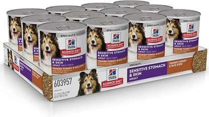 Hill's Science Diet Sensitive Stomach & Skin,Adult 1-6,Stomach & Skin Sensitivity Support,Wet Dog Food,Turkey-& Rice Stew,12.5 oz Can,(Pack of 24)