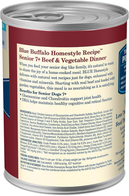 Blue Buffalo Homestyle Recipe Senior Wet Dog Food, Made with Natural Ingredients, Beef Dinner with Garden Vegetables, 12 Pack