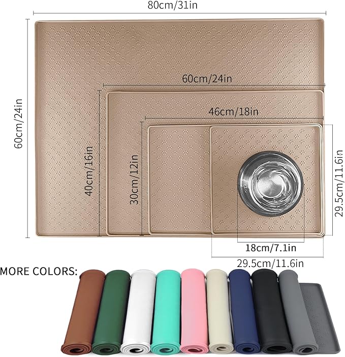 Ptlom Dog Food Mat Waterproof Pet Bowl Mats with High Lips, Non-Slip Dog Placemat Prevent Messy Spills to Floor, Silicone Puppy Feeding Tray for Small, Medium Large Dogs Cats, Taupe, 24.5" 16.5"