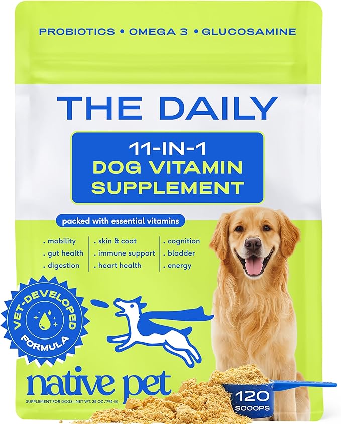 Native Pet The Daily Dog Vitamins & Supplements - 11-in-1 Multivitamin Powder for Dogs - Supports Whole Body Health, Digestion, Mobility & Immunity with Collagen, Glucosamine & Probiotics –120 Scoops