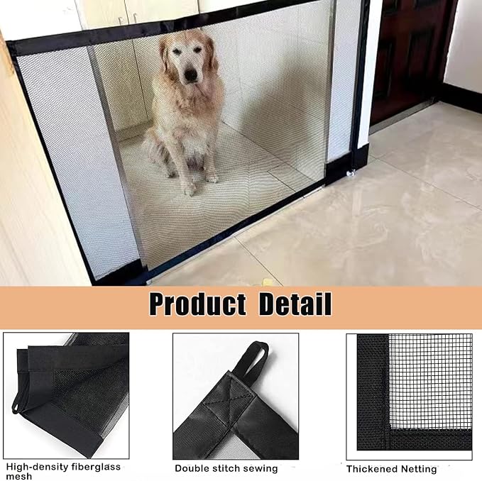 Magic Pet Gate for The House, 71.5" W X 31" H Portable Extra Wide Dog Gates for Doorways, Stairs, No Drill Durable Mesh Puppy Dog Safety Fence Guard, 6 Hooks