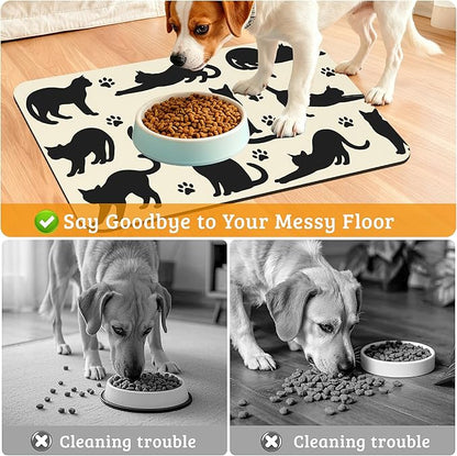 Pet Feeding Mat,Cat Silhouette Absorbent Dog Cat Food Mat Dog Mat with Rubber Backing,Non-Slip Water Bowl Placemat,Pet Supplies 12" x 20"