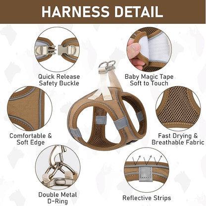 GAMUDA Small Pet Harness Collar and Leash Set, Step in No Chock No Pull Linen Fabric Soft Mesh Dog Vest Harnesses Reflective for Dogs Puppy Cats Kitten Rabbit (Brown, XL)