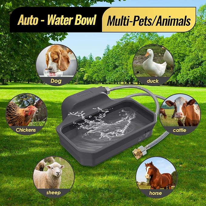 FICUSWIN 135OZ Automatic Water Dispenser for Large Dogs Patented Outdoor Dog Water Bowl Dispenser Automatic Dog Feeder Fit 3/4'' GHT Faucet Dog Waterer Include Water Hose Extra-Large Drinking Area