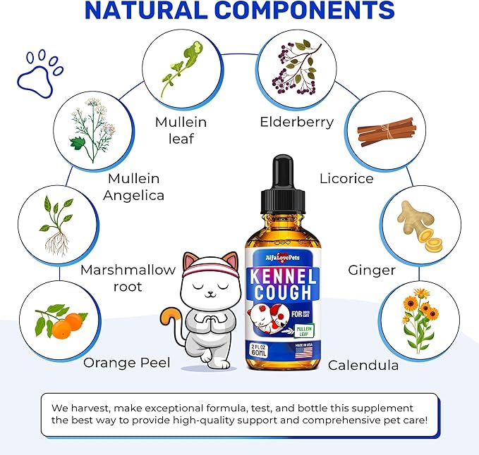 Kennel Cough Treatment for Dogs & Cats – Dog Cough Suppressant Helps with Allergies, Runny Nose, Sneezing – for All Breeds & Sizes – Mullein Leaf and Calendula – 2 Oz