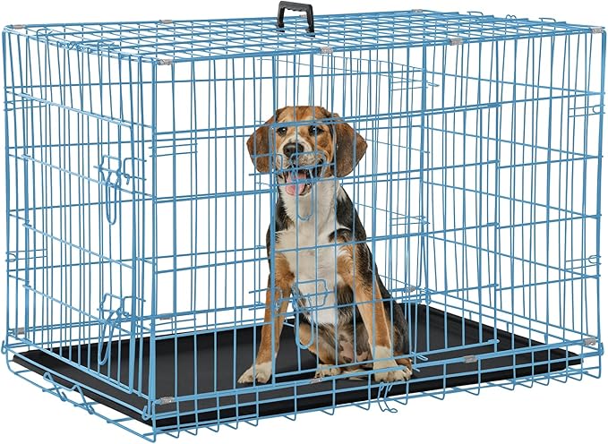 Dog Crate, Folding Portable Outdoor Large Two Door Metal Cat Dog Cage with ABS Tray LC Panel Floor Protecting Feet Wire Animal Pet Dog Kennel with Divider