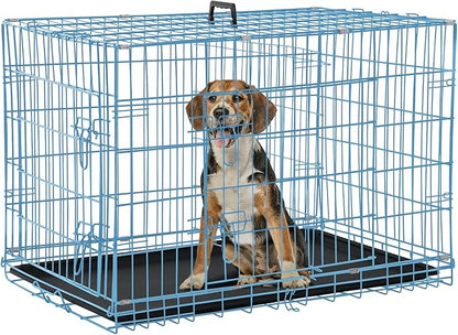 Dog Crate, Folding Portable Outdoor Large Two Door Metal Cat Dog Cage with ABS Tray LC Panel Floor Protecting Feet Wire Animal Pet Dog Kennel with Divider