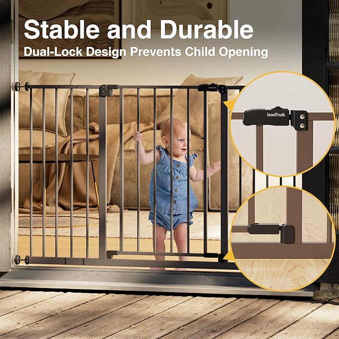 InnoTruth 29.5–49.75" Extra Wide Baby Gate for Stairs, 28" Tall Walk Through Dog Gate for Stairs & Doorways, Pressure-Mounted Safety Gate for Pets & Kids, Dual Lock & 2-Way Swing, Brown