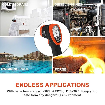 Infrared Thermometer(2PCS), HOLDPEAK HVAC Laser Temperature Gun -58℉~2732℉(-50℃~1500℃), D:S=30:1 Non-Contact Professional IR Pyrometer HP-2732, Backlit, for Casting Metallurgy (Not for Human), Orange