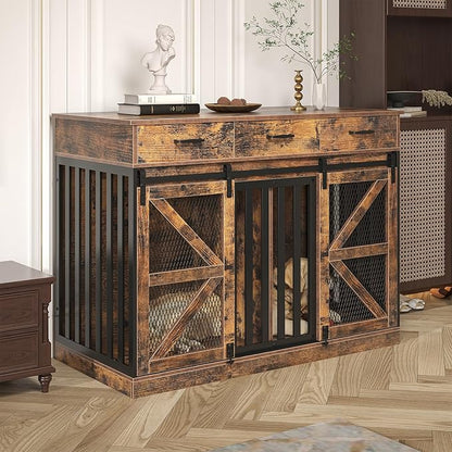 Saudism Dog Crate Furniture for Large Dog or 2 Small Dogs, Wooden Large Dog Kennel with 3 Storage Drawers and 2 Sliding Doors, Decorative Dog Cage TV Stand with Removable Divider, Classic Brown