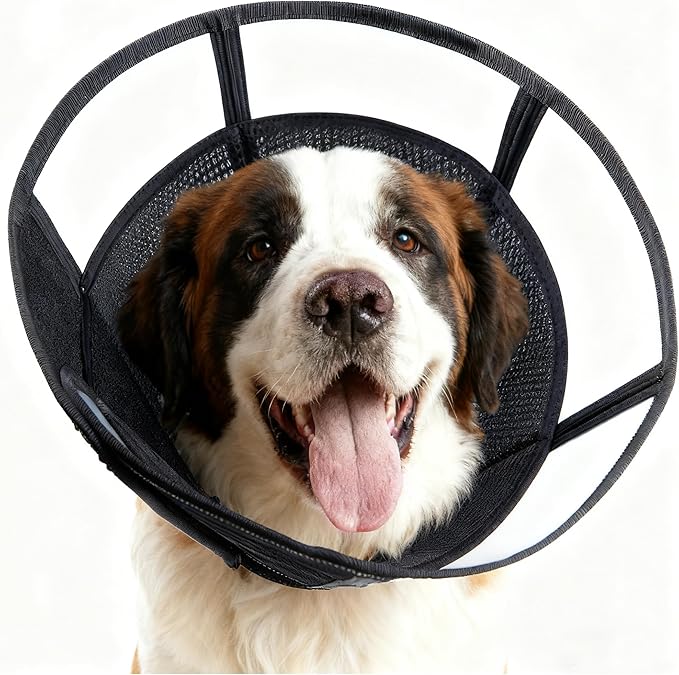 Extra Large Soft Dog Cone, 37cm / 14.5" Long Stop Licking Deep Pet Recovery Collar After Surgery, Clear Plastic Breathable Elizabethan Head Neck Circle, Adjustable Comfortable Cones (XXL Black)